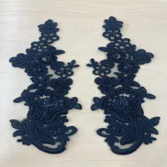 1 Pair 10" x 3.5" Each Side Beaded & Corded Floral Lace Applique100% Polyester Net Mesh Black
