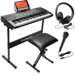Hamzer 61 Key Keyboard Piano with Built-In Speakers, Stand, Bench, Headphones, Microphone & Key Labels - Electronic Musical Keyboard Set for Beginners