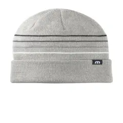 TravisMathew Striped Cuffed Beanie Acrylic Warm Cozy Adjustable Cuff Personalized Fit Light Grey Heather