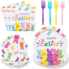 96Pcs Easter Bunny Peeps Party Plates Supplies - Happy Easter Rabbits Party Tableware Decorations Disposable Paper Plates Napkins Forks for Kids Spring Birthday Baby Shower, Serves 24