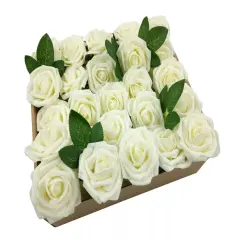 25pcs Artificial Flowers Real Looking Foam Roses Decoration DIY Ivory