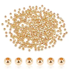 3mm 14K Gold Spacer Beads, 300pcs Mini Smooth Round Beads Seamless Ball Beads Small Brass Loose Beads Metal Beads for Summer Hawaii Layered Necklace Bracelet Jewelry Making