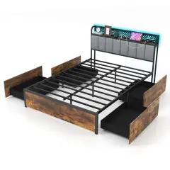 Twin/Full/Queen Bed Frame with LED Lights Upholstered Headboard and 4 Storage Drawers-Twin size
