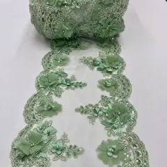 3 Yard Sequin 3D Lace Fabric 22.86 cm Wide Mesh with Pearls, Beads & Embroidery 100% Polyester Sage