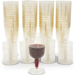 50-Pack Gold Glitter Plastic Wine Glasses (7 oz) Clear