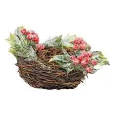 Frosty Red Berries & Leaves Bird Nest
