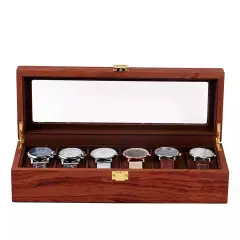 6 Slots Wooden Wrist Watch Display Case Glass Top Jewelry Storage Organizer Box