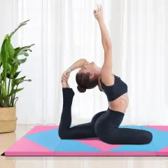 8 Feet PU Leather Folding Gymnastics Mat with Removable Zippered Cover and Hook and Loop Fasteners Pink & Blue