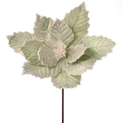 24" Velvet Pastel Green Poinsettia Stem w Snow Edge and Glitter