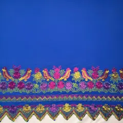 1 Yard Floral Bird Embroidered Double Border Polyester Fabric 56 Inch Width Blue/Fuchsia