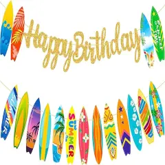 Surfing Happy Birthday Banner Surf Party Supplies Surfing Party Decorations Glitter Surfboard Banner for Summer Hawaiian Beach Birthday Decoration Swimming Pool Hawaii Party Supplies