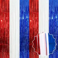 6 Pack White Blue Red Foil Fringe Curtains Backdrop, 3.28 x 8.2 Ft Metallic Streamers Tinsel Curtains Background for Photo Booth, Birthday, Weddings, Carnivals, Graduation, Themed Party Decorations