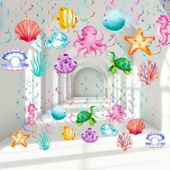 54 Pcs Under the Sea Swirls Decorations Tropical Fish Animals Hanging Banner Ocean Garlands Turtle Ceiling Streamers for Summer Birthday Wedding Baby Shower Supplies Party Decor