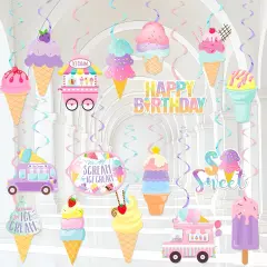 Ice Cream Party Hanging Swirls Ice Cream Birthday Party Decorations 20pcs Summer Ice Cream Party Hanging Decor Ice Cream Cone Swirls Streamer for Summer Theme Baby Shower Supplies