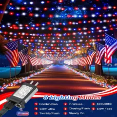 4th of July Decorations Patriotic LED Mini Lights, 39 Feet 100 LED Red White Blue String Lights with 8 Lighting Modes, Connectable Independence Day Light for Wreath Indoor Outdoor Memorial Day