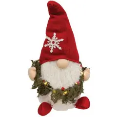 Freestanding Holly Wreath Gnome with LED Lights and Fuzzy White Beard Perfect for Holiday Decor