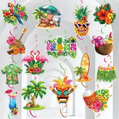 30Pcs Hawaiian Luau Ceiling Hanging Decorations, Aloha Flamingo Palm Trees Hibiscus Swirls, Summer Decorations for Party