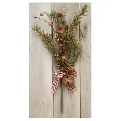 Rustic Pine Pick with Berries Pinecones Bells and Fabric Bows 16 Inch