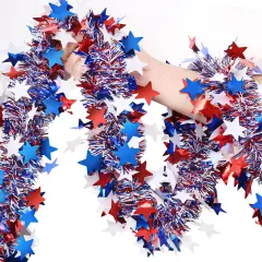 4th of July Garland Decorations,50Ft Glitter Tinsel Patriotic Decor for Tree Car Golf Cart Parade Float Bike Party Table Yard Door Boat Indoor Outdoor Holiday Home