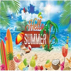 Hello Summer Beach Party Backdrop Tropical Seaside Island Pool Party Photography Background Blue Sea Sky Hawaii Sunshine Luau Themed Decorations Photo Booth Props