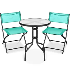 Best Choice Products 3-Piece Patio Bistro Dining Furniture Set w/ Round Textured Glass Tabletop, Folding Chairs Mint