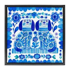 Stupell Industries Blue Folk Style Puppies Floating Frame Design by Kay Widdowson