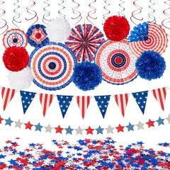 29PCS 4th/Fourth of July Patriotic Decorations Set - Red White Blue Paper Fans,USA Flag Pennant,Star Streamer,Pom Poms,Hanging Swirls Party Decor Supplies