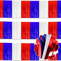 3 Pack 10 Ft White Blue Red Foil Fringe Garland Metallic Streamers Tinsel Banner Wall Hanging Garland Backdrop for Parade Floats, Halloween, Christmas, Thanksgiving, New Year Party Decorations