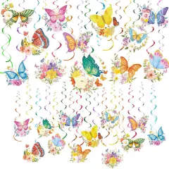30 Pieces Butterfly Flower Hanging Swirl Party Decorations Summer Spring Butterfly Ceiling Decorations for Baby Shower Birthday Wedding Garden Tea Party Indoor Outdoor