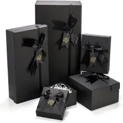 5 Pack Black Nested Gift Boxes with Lid for Presents, 5 Sizes Luxury Packaging Box with Ribbon Bows and Label Gift Wrap