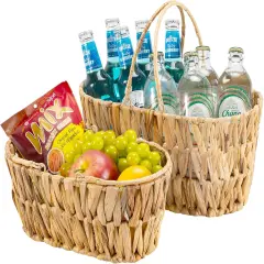 Picnic Basket for 2 Pack, Natural Nesting Wicker Picnic Basket with Handle, Hand-Woven Water Hyacinth Storage Basket for Camping & Outdoor Use