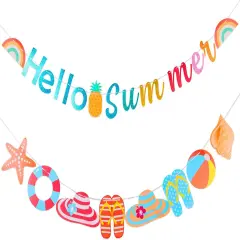 Hello Summer Banner Glitter Beach Patterns Banner Colorful Summer Pool Party Bunting Garland Banner With Rainbow Sign Summer Birthday Beach Party Decorations Supplies Indoor Outdoor Mantle Fireplace