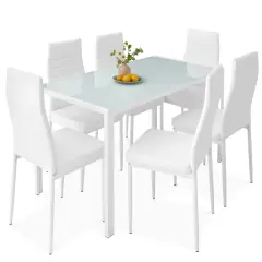Best Choice Products 7-Piece Kitchen Dining Table Set w/ Glass Tabletop, 6 Faux Leather Chairs White