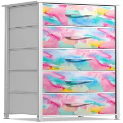 Sorbus Narrow 5 Drawers Nightstand with Steel Frame, Wood Top, Easy Pull Fabric Bins for Home, Bedroom, Office & Dorm Watercolor tie dye
