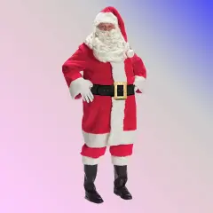 Father Christmas Costume with Plush Trim, Belt, Boot Tops, Hat and Gloves