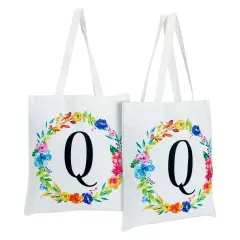 Set of 2 Reusable Monogram Letter Q Personalized Tote Bags for Women, Floral Design (29 Inches) White