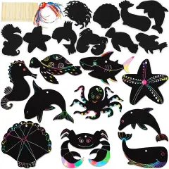 Bright Creations Rainbow Scratch Paper, Ocean Sea Animal Ornaments (50 Pack) Black