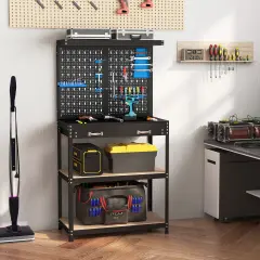 Freestanding Tool Storage Workbench with Pegboard with 14 Hanging Accessories and 2 Drawers Black and Blue