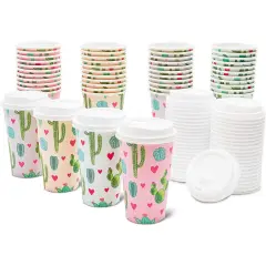 48 Pack Disposable 16oz Coffee Cups with Lids - Cactus Party Supplies - Paper To Go Cup for Themed Birthday Parties, Weddings, Baby Showers Multicolor