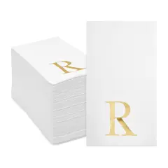 Sparkle and Bash 100 Pack Gold Foil Initial Letter R White Monogram Paper Napkins for Wedding Reception, Table Decorations (4 x 8 In)