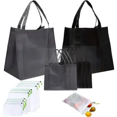 Non-Woven Tote Grocery Bags and Mesh Produce Shopping Bags (5 Sizes, 15 Pieces) Black