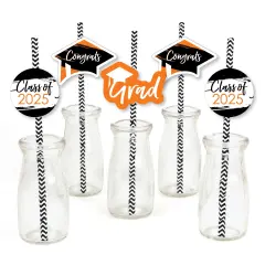 Big Dot of Happiness Orange 2025 Graduation Paper Straw Decor - Party Striped Decorative Straws - Set of 24