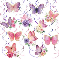 30 Pieces Butterfly Party Decorations Watercolor Purple Butterfly Hanging Swirls Decorations Summer Themed Swirls Garland for Baby Girl Birthday Wedding Party Supplies