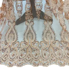 1 Yard Beaded Embroidered Lace Fabric on Polyester Mesh, 51" Wide Rose Gold