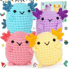 Crochetta Crochet Kit for Beginners, Crochet Starter Kit w Step-by-Step Video Tutorials, Beginner Crochet Kit for Adults Kids Women Men Complete Kit Included (4 Mini Axolotls)