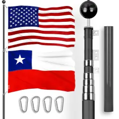 G128 Combo Pack: 20 Ft Telescoping Aluminum Flagpole (Black) & American and Chile Flags 3x5 Ft, Both ToughWeave Series Embroidered Polyester | Pole with Flags Included
