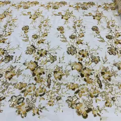 1 Yard Ivory Gold Beaded & Sequined Embroidered Lace Fabric on Polyester Mesh 48" Width Ivory with Gold