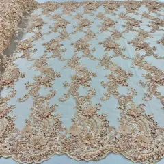 1 Yard Sage 3D Beaded Floral Embroidered Lace Fabric on Polyester Mesh, 52&rdquo; Wide Peach