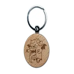 Little Big Mouth Monster Devil Demon Engraved Wood Round Keychain Tag Charm