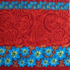 1 Yard Traditional Polynesian Tattoo Daisy Double Border Fabric, Peach Skin Polyester 44/45" Width Red